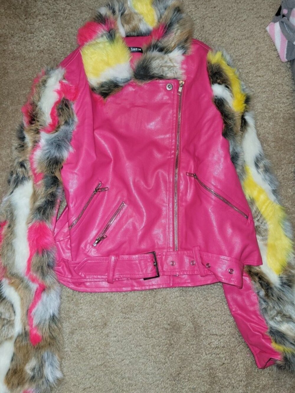 Shein Pink faux leather jacket with fur sleeves